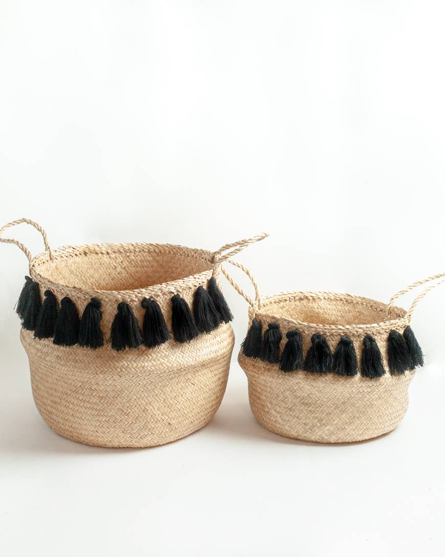 Black Tasseled Belly Baskets: Medium